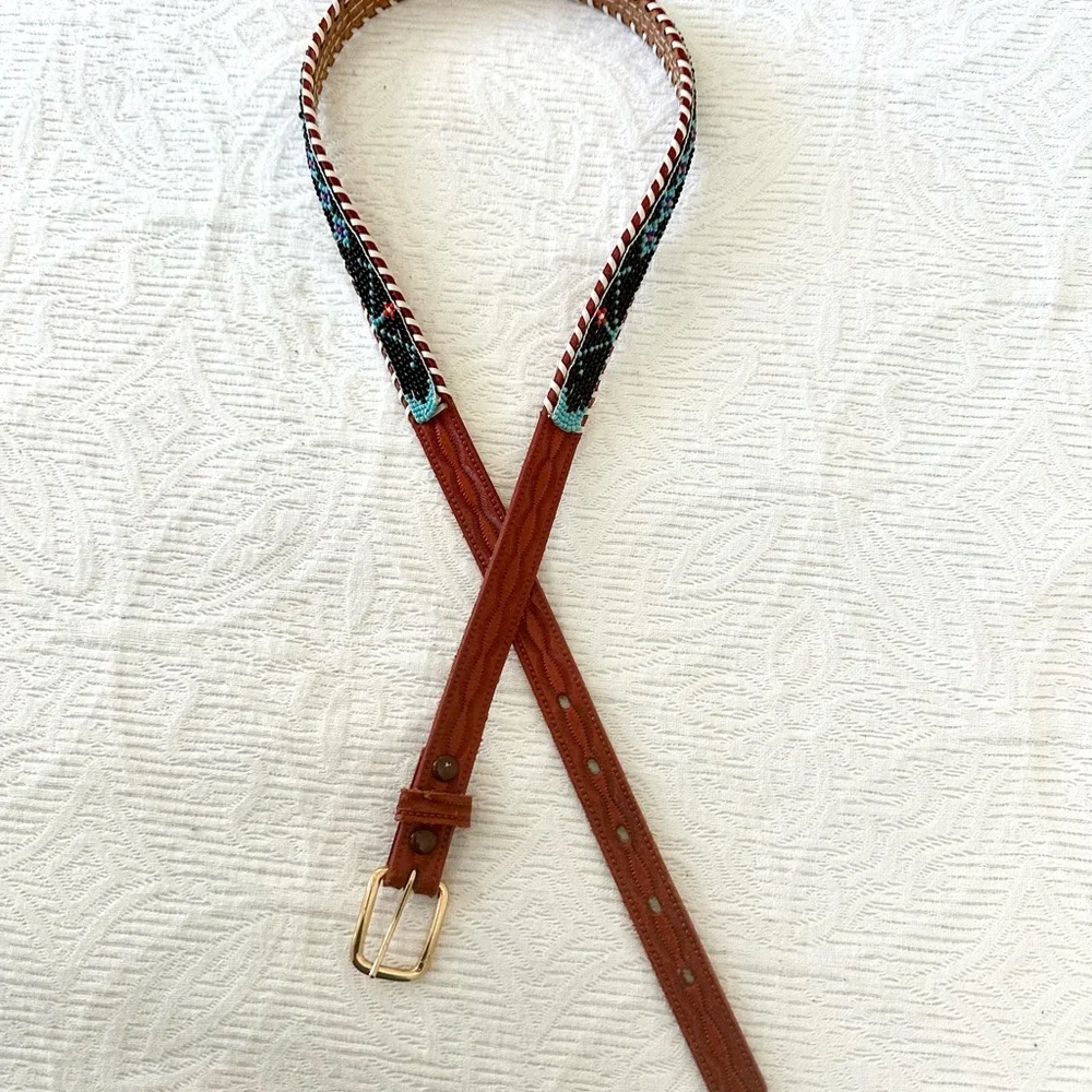 Vintage Brown Leather Belt with Multicolor Beadwork